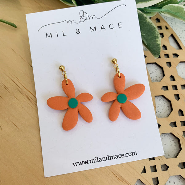 Spring Daisies Orange and Green Polymer Clay Dangle Earrings