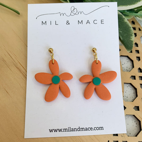 Spring Daisies Orange and Green Polymer Clay Dangle Earrings