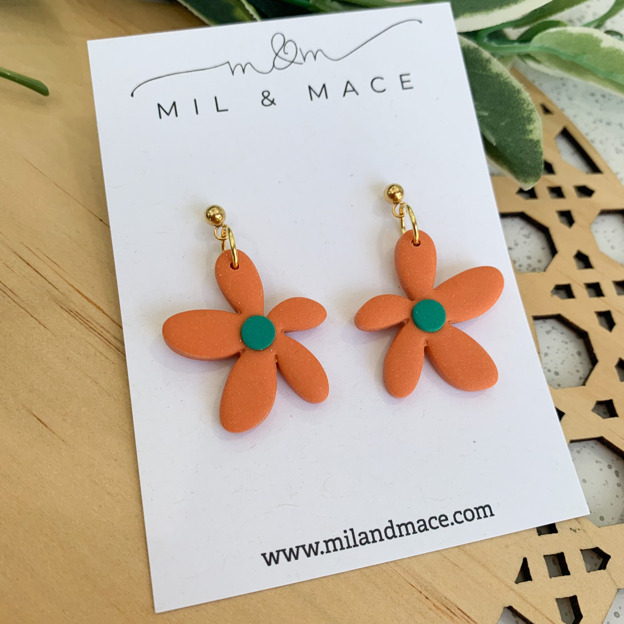Spring Daisies Orange and Green Polymer Clay Dangle Earrings