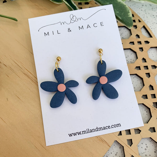 Spring Daisies Navy and Pink Polymer Clay Dangle Earrings