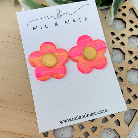 Neon Pink and Gold Yupo Flower Stud Earrings