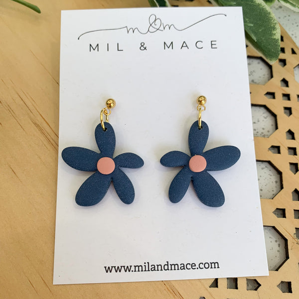 Spring Daisies Navy and Pink Polymer Clay Dangle Earrings