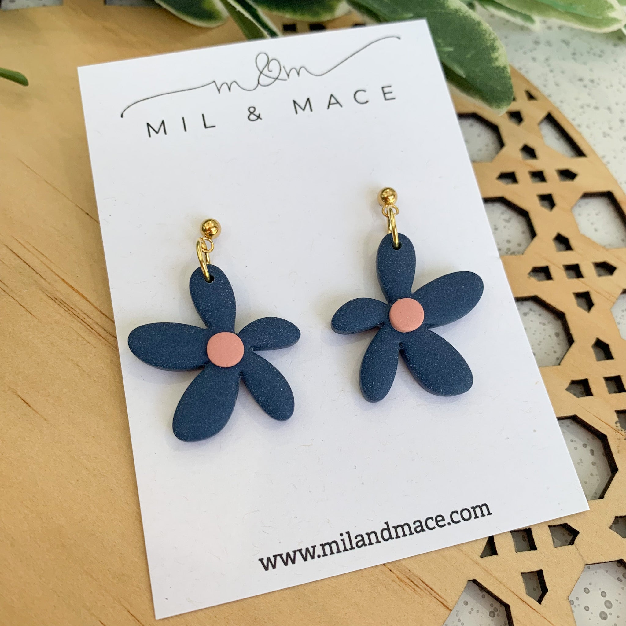 Spring Daisies Navy and Pink Polymer Clay Dangle Earrings
