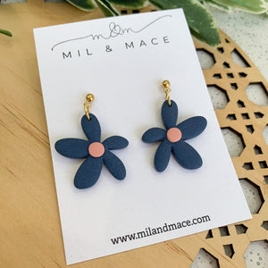 Spring Daisies Navy and Pink Polymer Clay Dangle Earrings