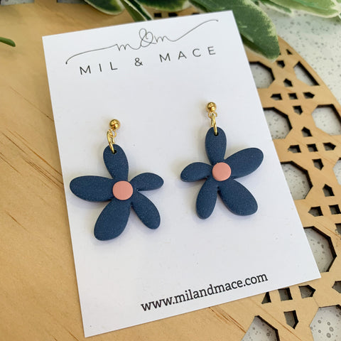 Spring Daisies Navy and Pink Polymer Clay Dangle Earrings