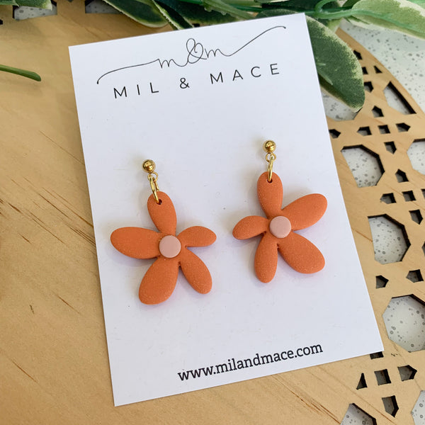 Spring Daisies Orange and Pink Polymer Clay Dangle Earrings
