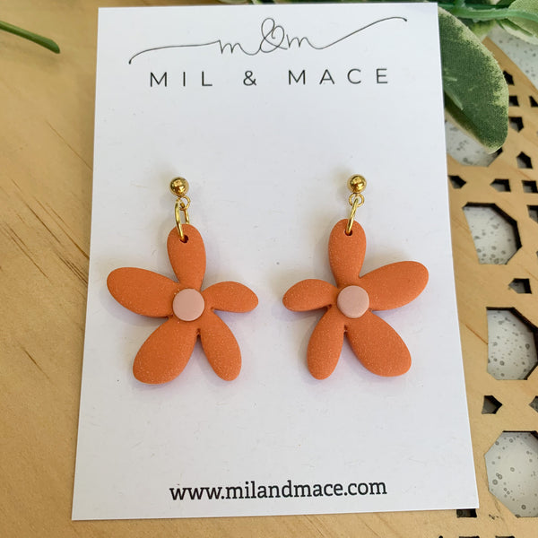 Spring Daisies Orange and Pink Polymer Clay Dangle Earrings