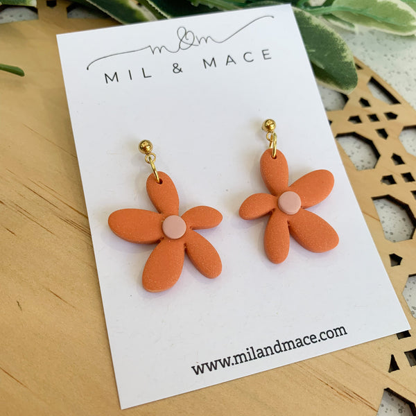 Spring Daisies Orange and Pink Polymer Clay Dangle Earrings