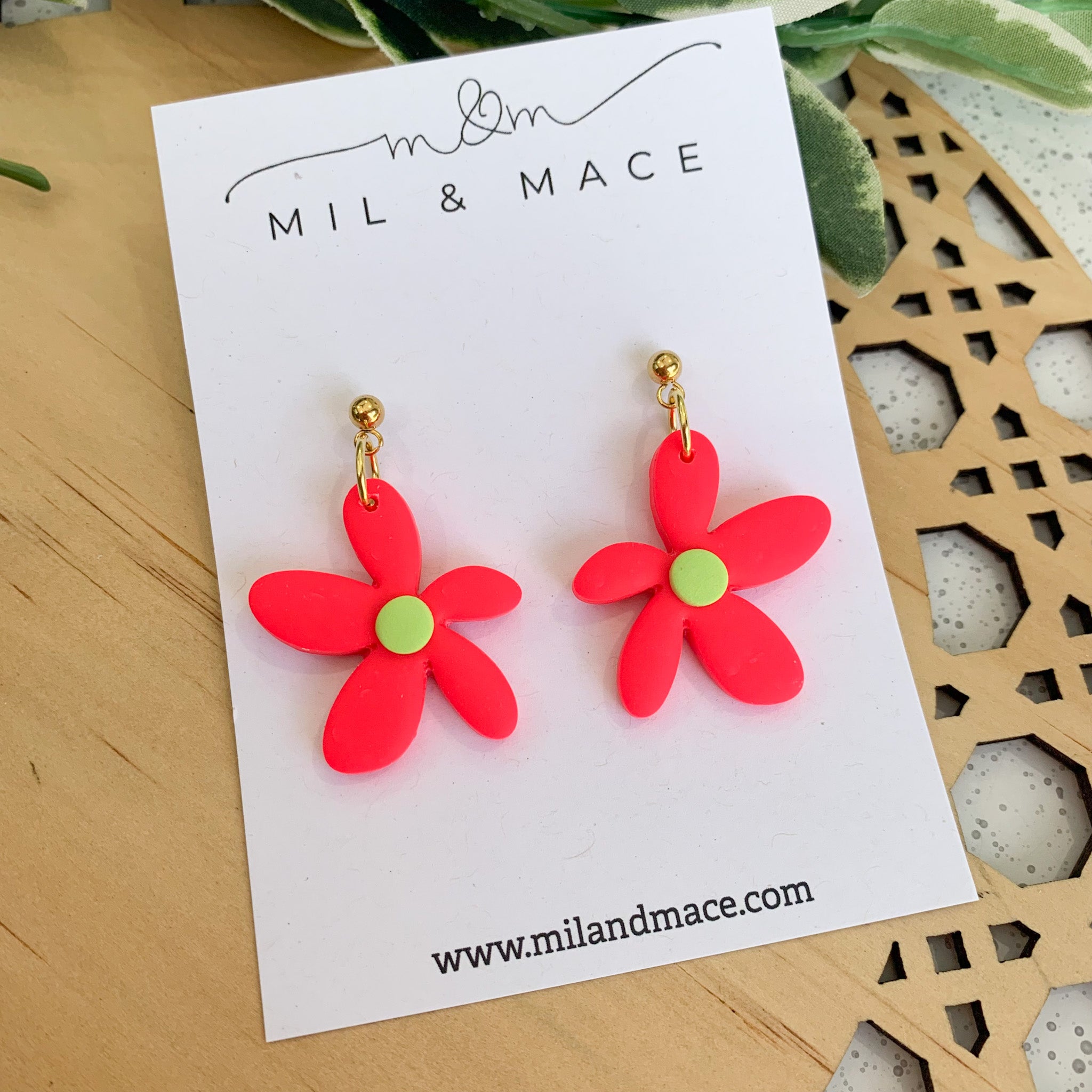 Spring Daisies Neon Pink and Lime Polymer Clay Dangle Earrings