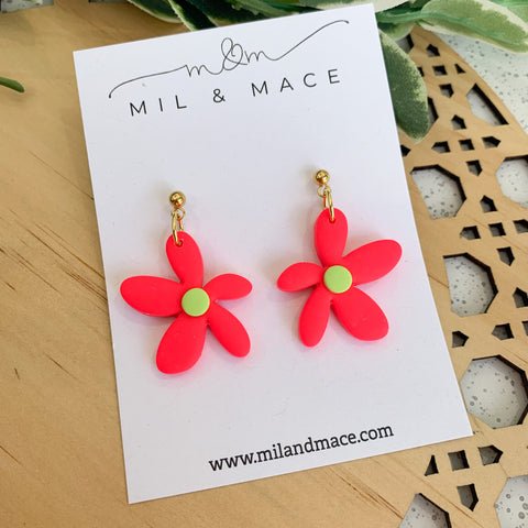 Spring Daisies Neon Pink and Lime Polymer Clay Dangle Earrings