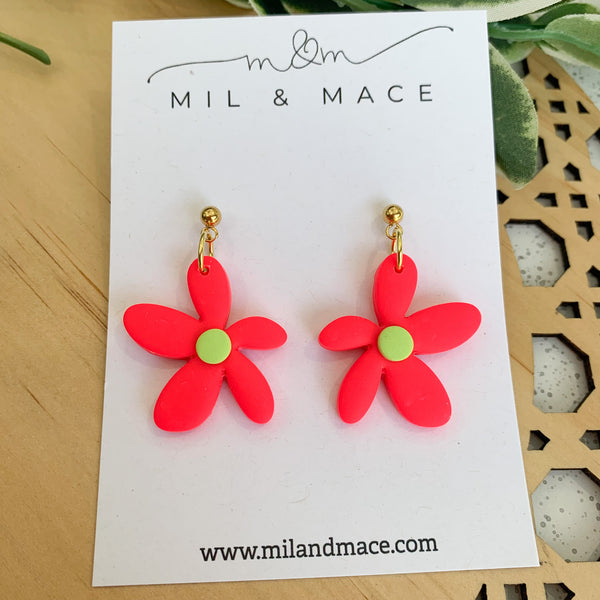 Spring Daisies Neon Pink and Lime Polymer Clay Dangle Earrings