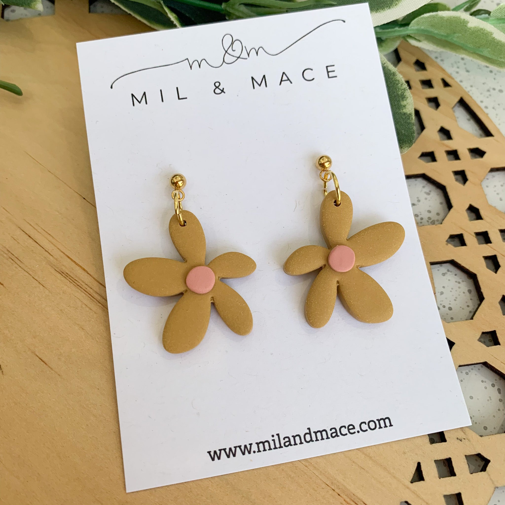 Spring Daisies Mustard and Pink Polymer Clay Dangle Earrings