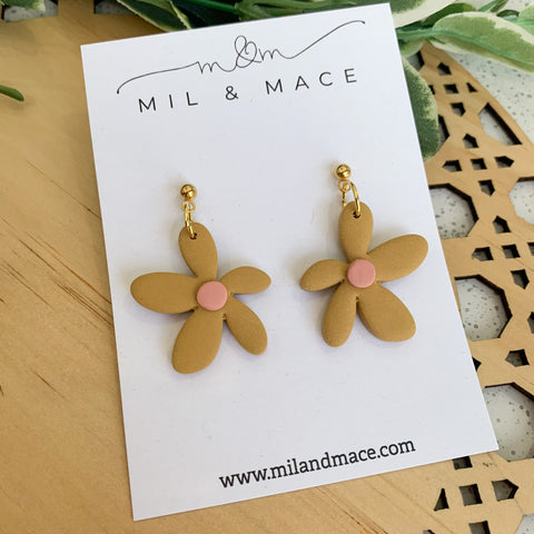 Spring Daisies Mustard and Pink Polymer Clay Dangle Earrings