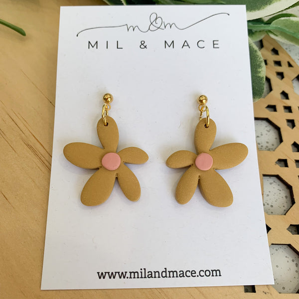 Spring Daisies Mustard and Pink Polymer Clay Dangle Earrings