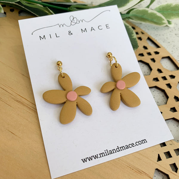 Spring Daisies Mustard and Pink Polymer Clay Dangle Earrings
