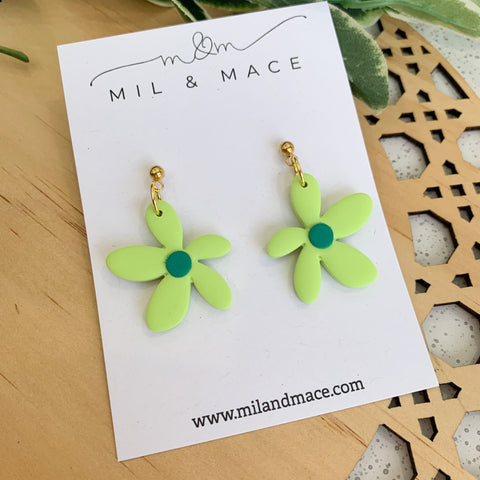 Spring Daisies Lime Green and Dark Green Polymer Clay Dangle Earrings