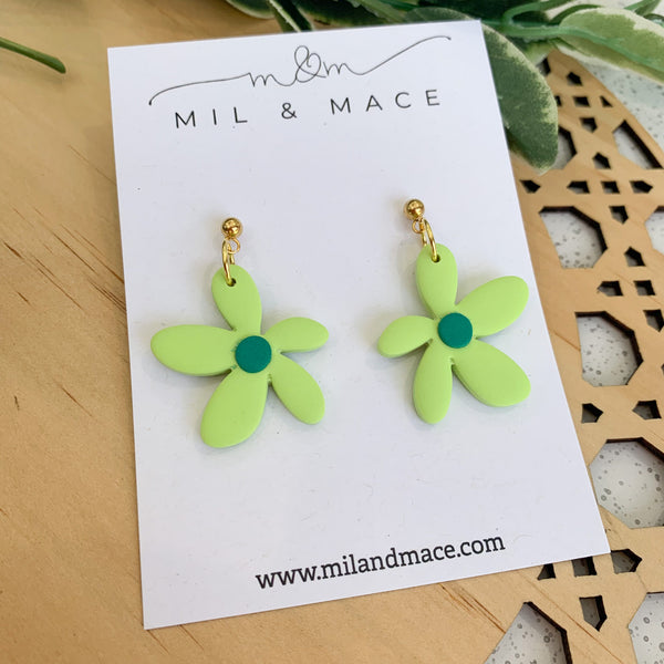 Spring Daisies Lime Green and Dark Green Polymer Clay Dangle Earrings