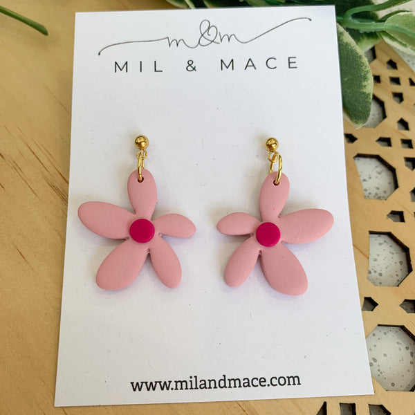 Spring Daisies Pale Pink and Fuschia Polymer Clay Dangle Earrings