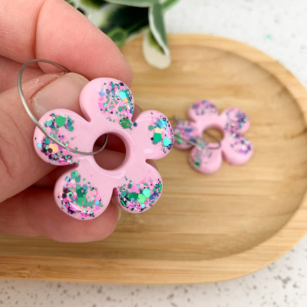 Flower Resin Hoop Dangle Earrings