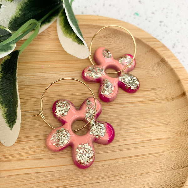 Flower Resin Hoop Dangle Earrings