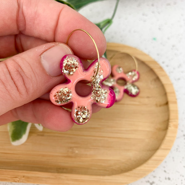 Flower Resin Hoop Dangle Earrings