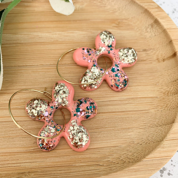 Flower Resin Hoop Dangle Earrings