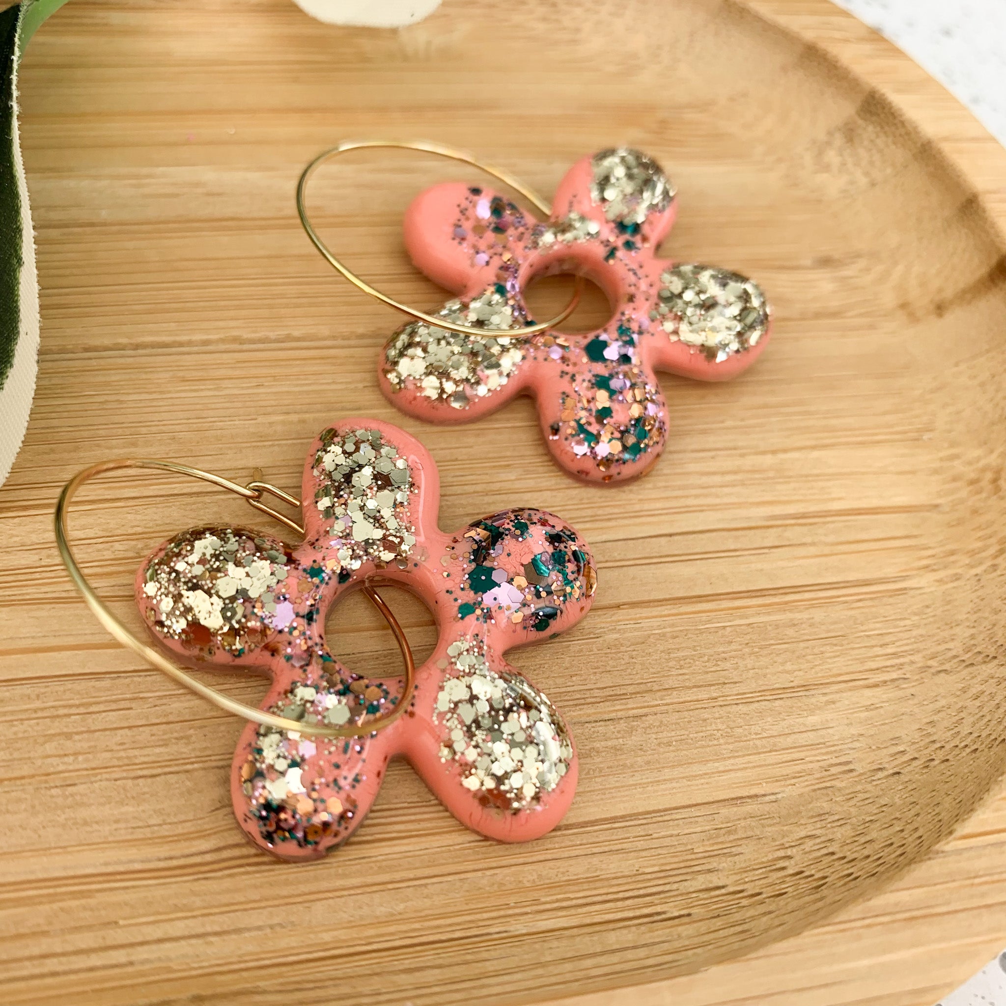 Flower Resin Hoop Dangle Earrings