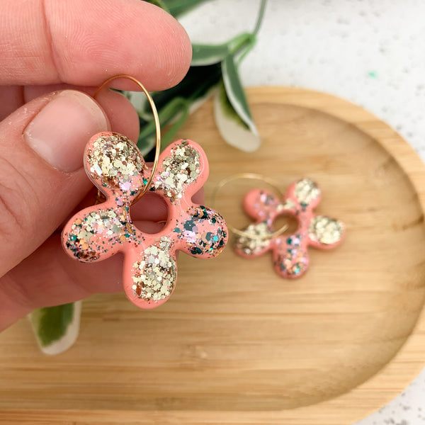 Flower Resin Hoop Dangle Earrings