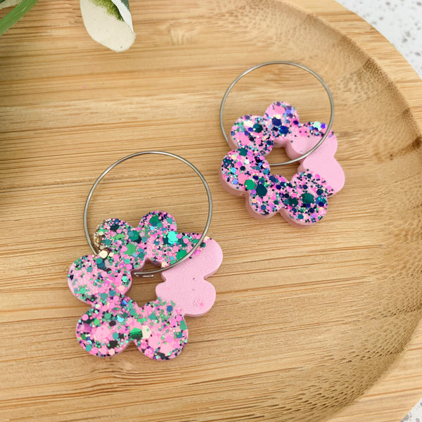 Flower Resin Hoop Dangle Earrings