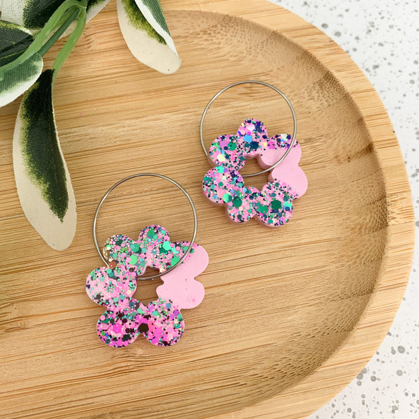 Flower Resin Hoop Dangle Earrings