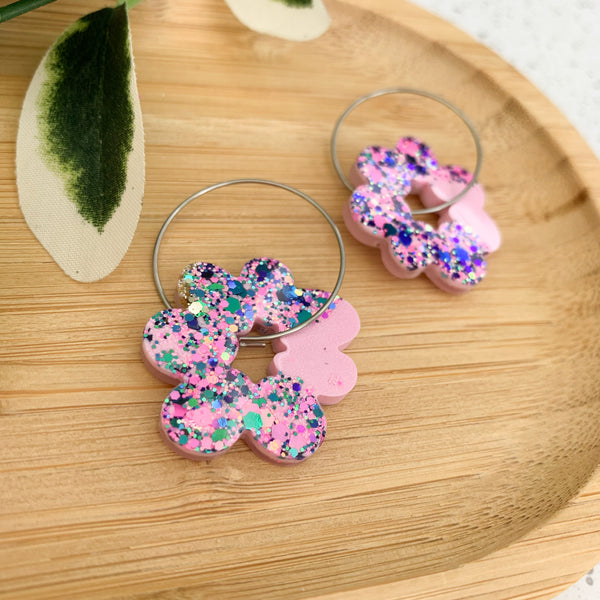 Flower Resin Hoop Dangle Earrings