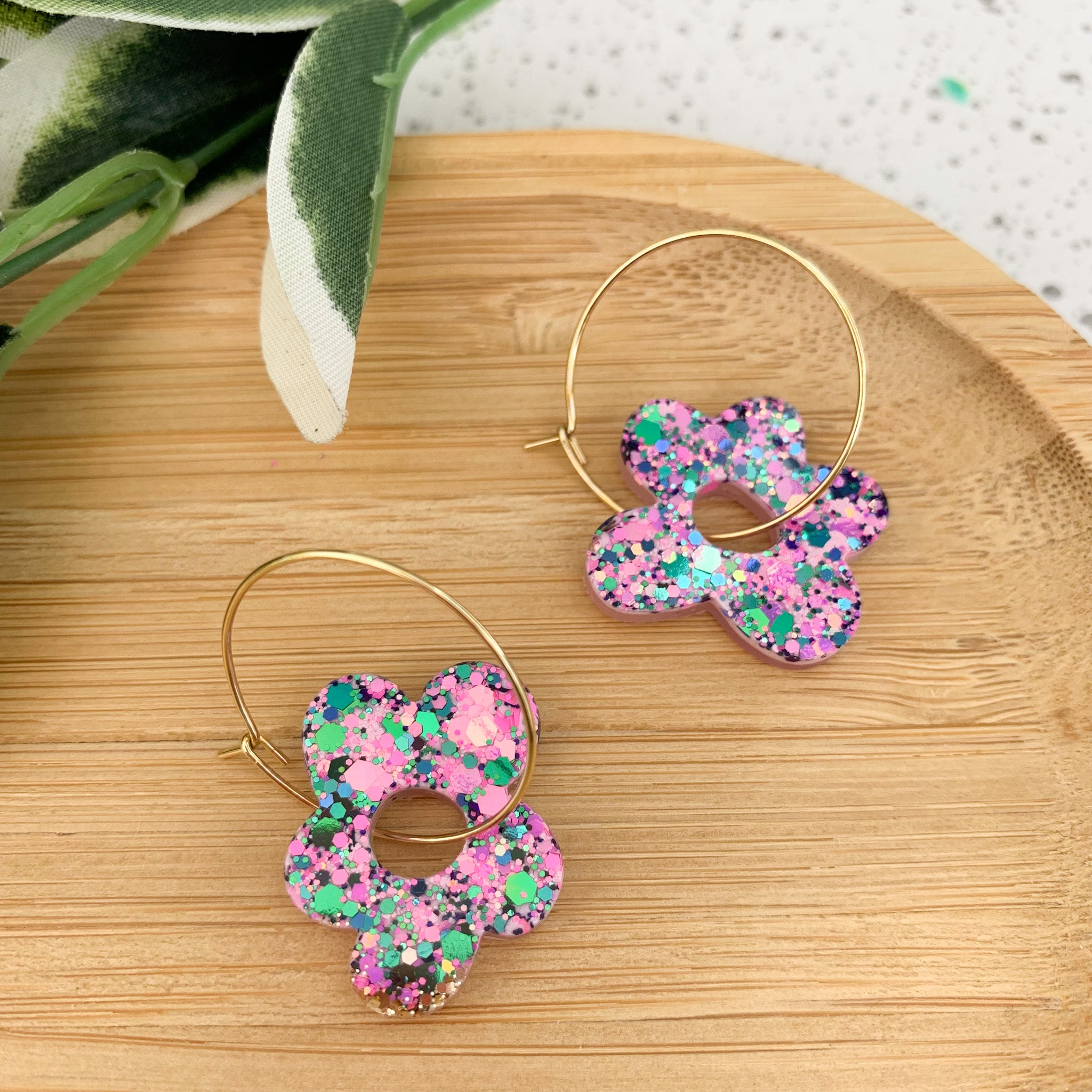 Flower Resin Hoop Dangle Earrings