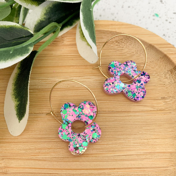 Flower Resin Hoop Dangle Earrings