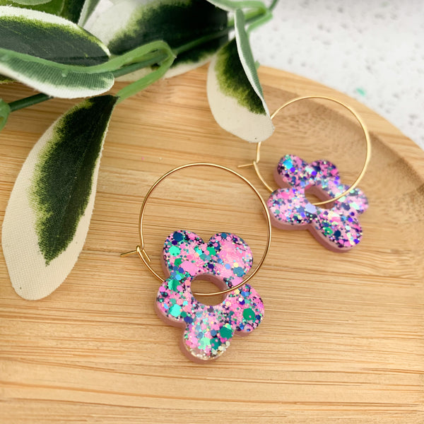 Flower Resin Hoop Dangle Earrings