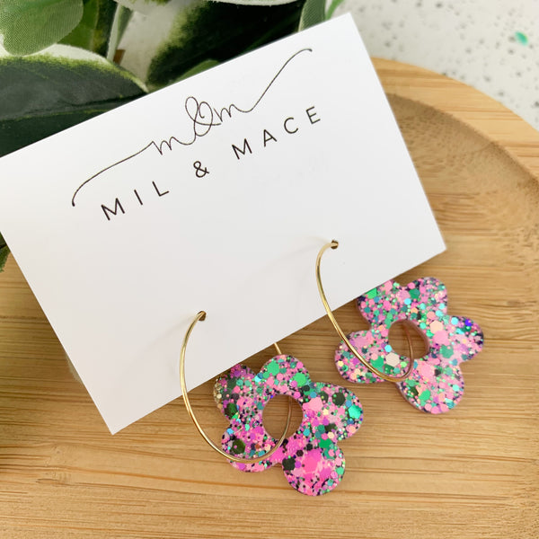 Flower Resin Hoop Dangle Earrings