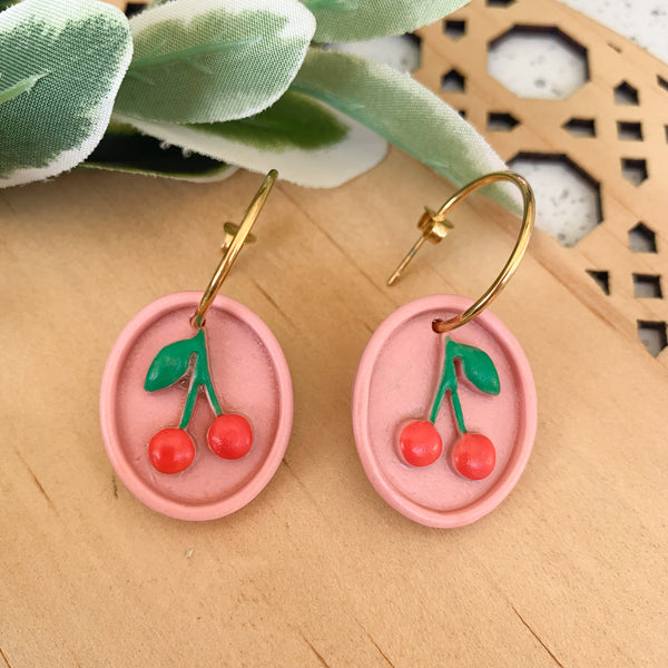 Cherry Polymer Clay Dangle Hoop Earrings