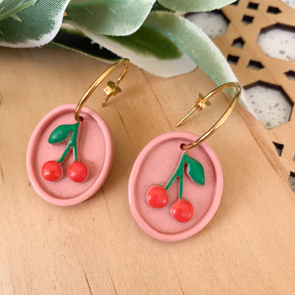 Cherry Polymer Clay Dangle Hoop Earrings