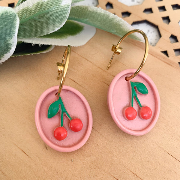 Cherry Polymer Clay Dangle Hoop Earrings