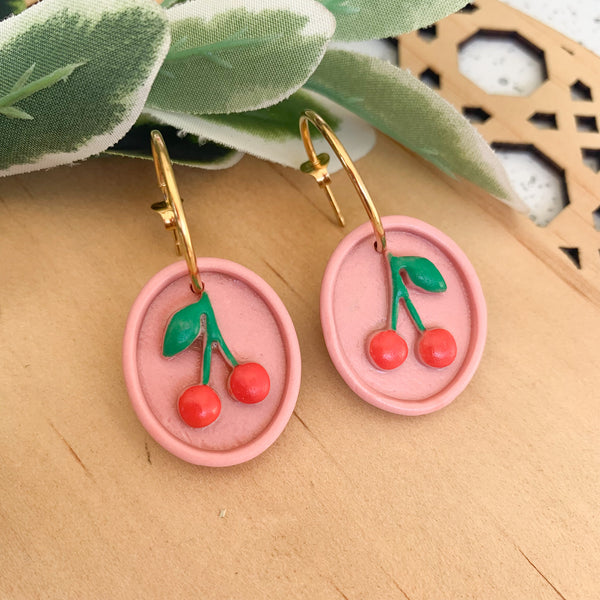 Cherry Polymer Clay Dangle Hoop Earrings