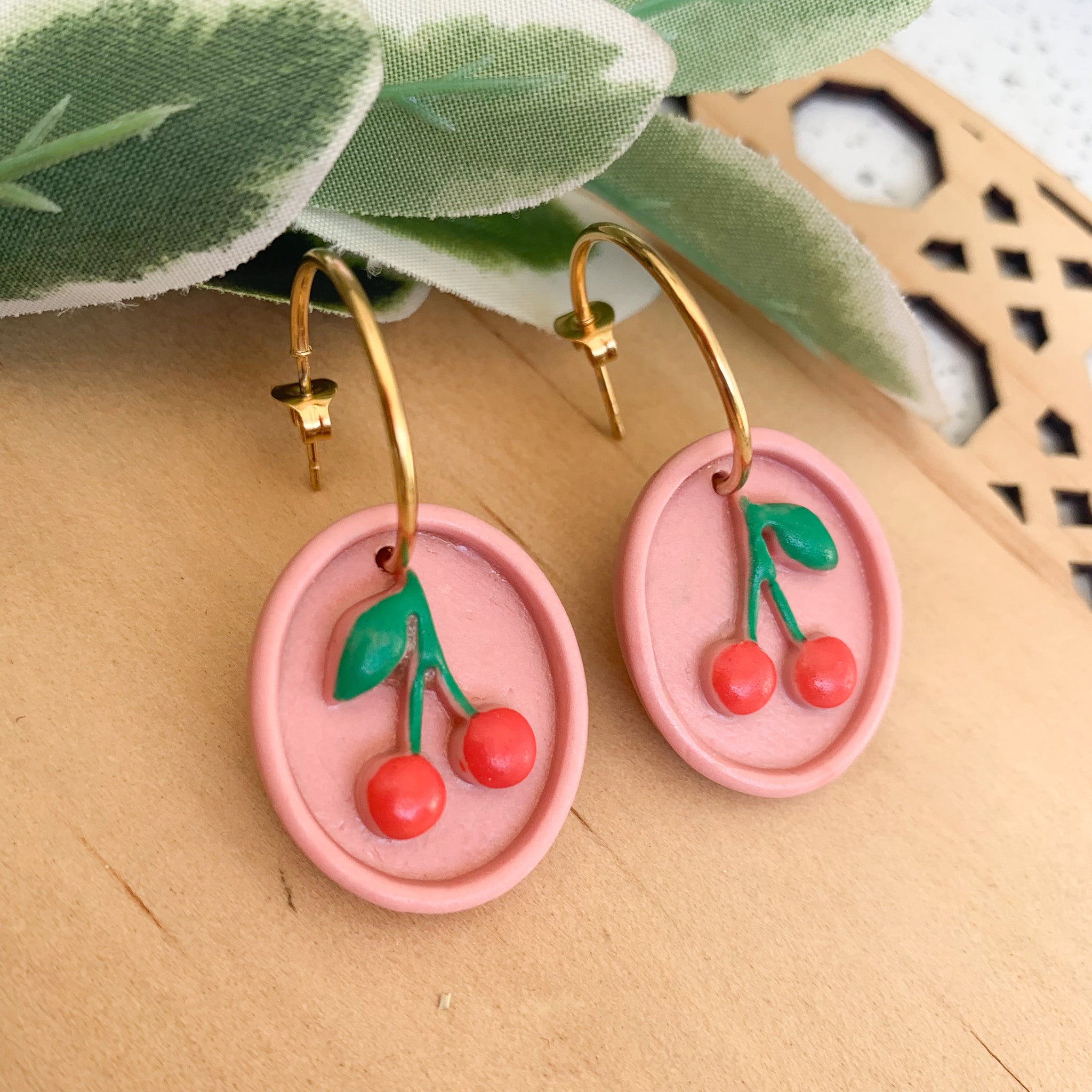 Cherry Polymer Clay Dangle Hoop Earrings