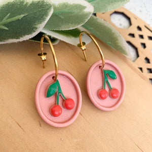 Cherry Polymer Clay Dangle Hoop Earrings