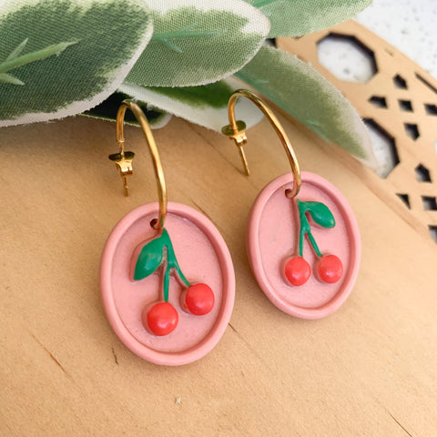 Cherry Polymer Clay Dangle Hoop Earrings