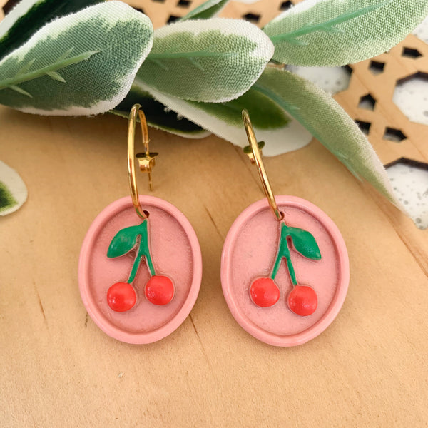 Cherry Polymer Clay Dangle Hoop Earrings