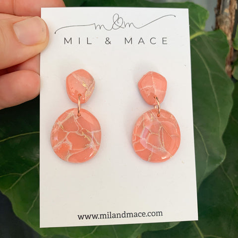 Coral and Gold Polymer Clay Dangle Earrings with Resin Finish