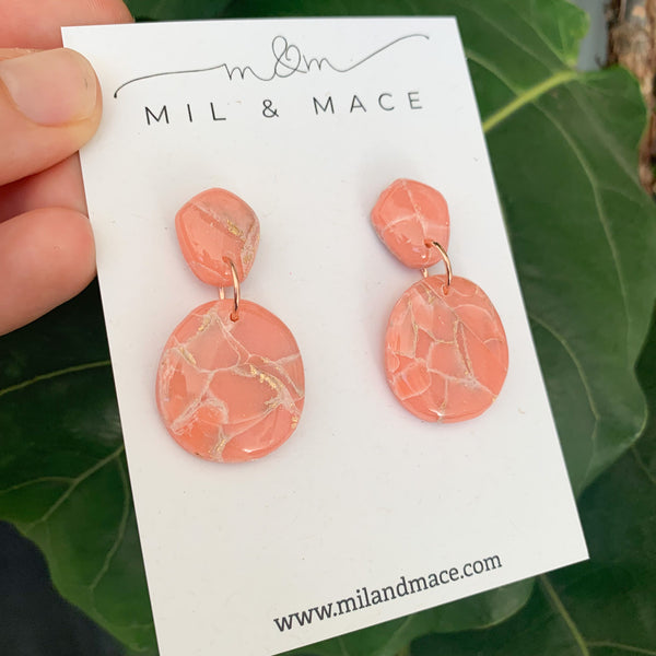 Coral and Gold Polymer Clay Dangle Earrings with Resin Finish