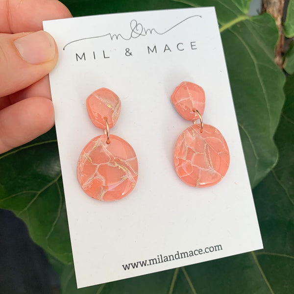 Coral and Gold Polymer Clay Dangle Earrings with Resin Finish