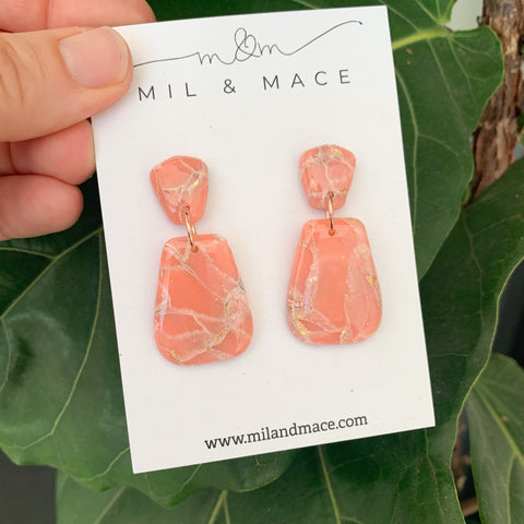 Coral and Gold Polymer Clay Dangle Earrings with Resin Finish