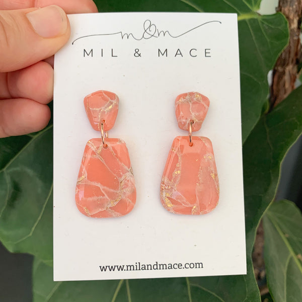 Coral and Gold Polymer Clay Dangle Earrings with Resin Finish