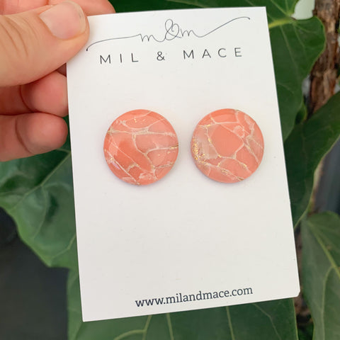 Coral and Gold Polymer Clay Stud Earrings