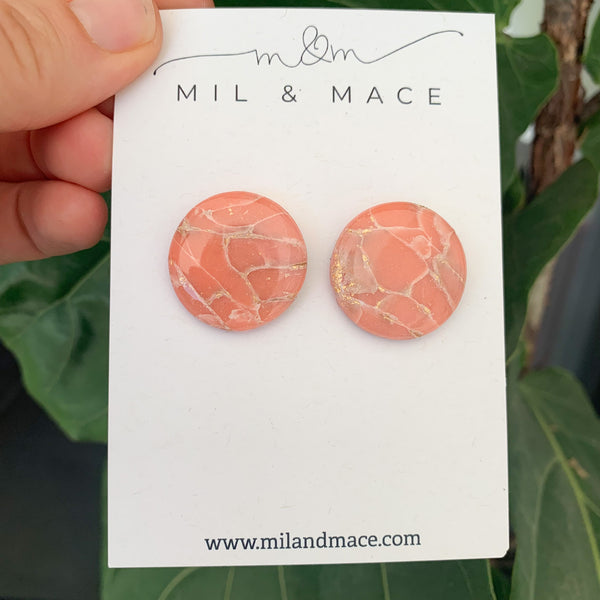Coral and Gold Polymer Clay Stud Earrings